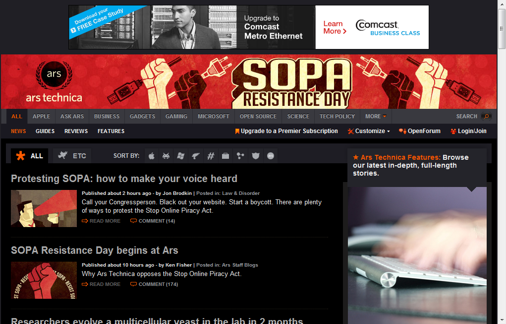 Ars Technica's Homepage in protest of SOPA on 1/18/2012