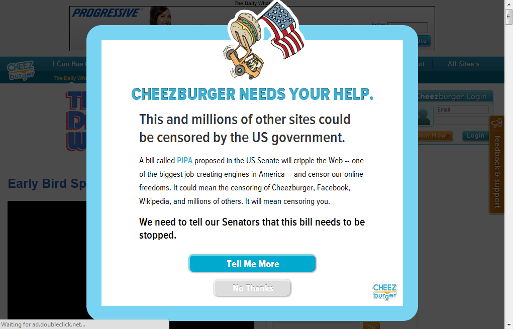 The Cheez Burger Network's Homepages in protest of SOPA on 1/18/2012