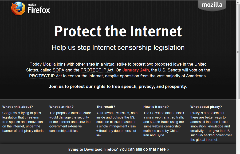 Mozilla's Homepage in protest of SOPA on 1/18/2012