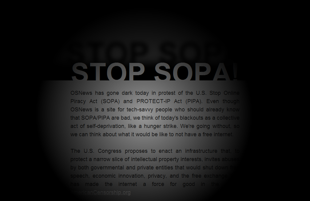 OSNews's Homepage in protest of SOPA on 1/18/2012