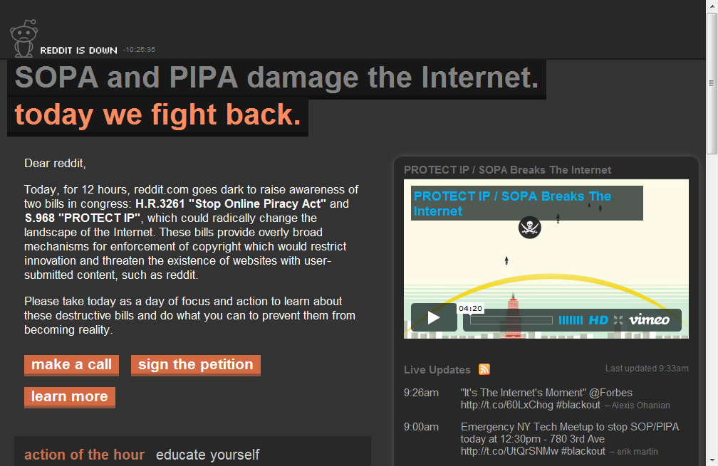 Reddit's Homepage in protest of SOPA on 1/18/2012