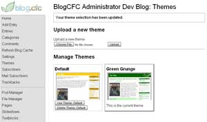 Preview of the Theme Management section in the BlogCFC Administrator.